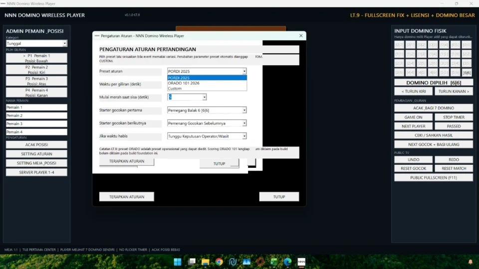 Preset PORDI ORADO dan Custom pada papan skor Domino Player WiFi