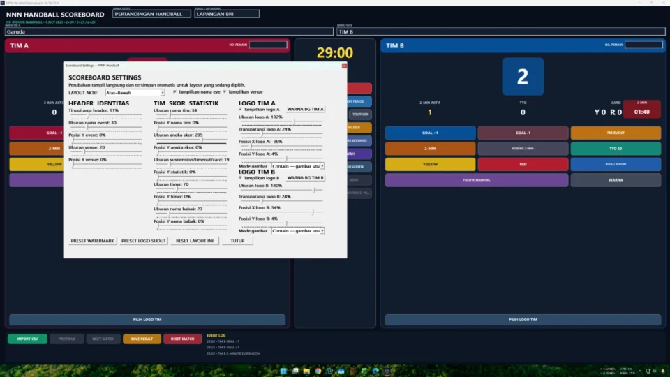 Editor tampilan public scoreboard Handball Bola Tangan dengan slider dan live preview