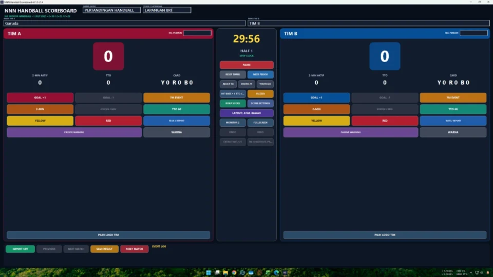 Panel operator papan skor Handball Bola Tangan dengan skor game clock half dan timeout