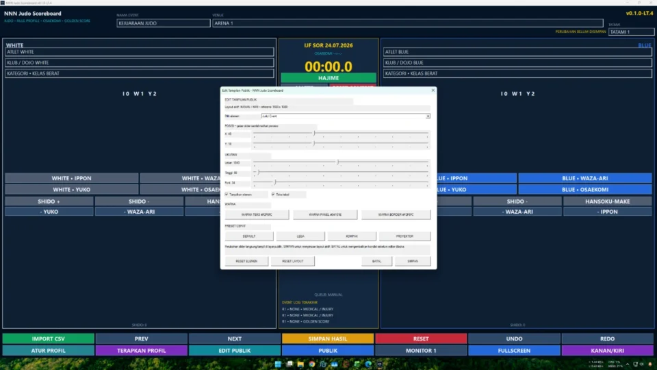 Editor tampilan public scoreboard Judo dengan slider dan live preview