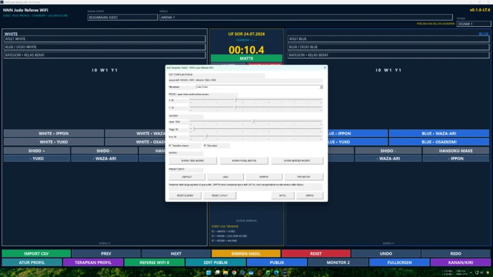 Editor tampilan public scoreboard Judo Juri WiFi dengan slider dan live preview