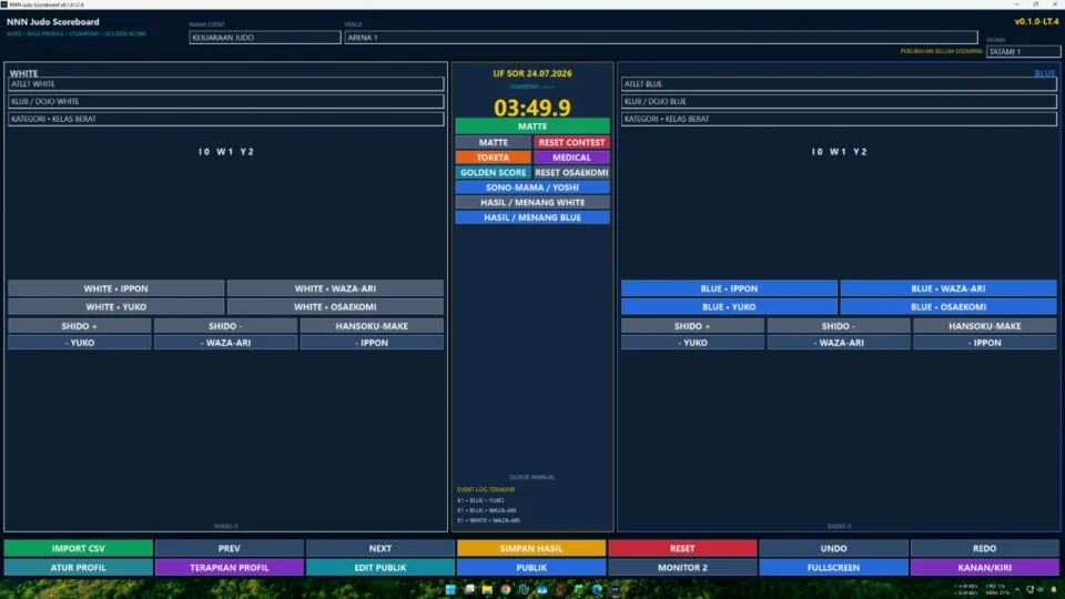 Panel operator papan skor Judo dengan Ippon Waza-ari Shido timer dan Osaekomi