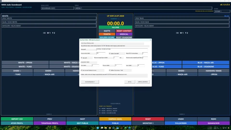 Rule Profile papan skor Judo untuk durasi scoring penalti Osaekomi dan Golden Score