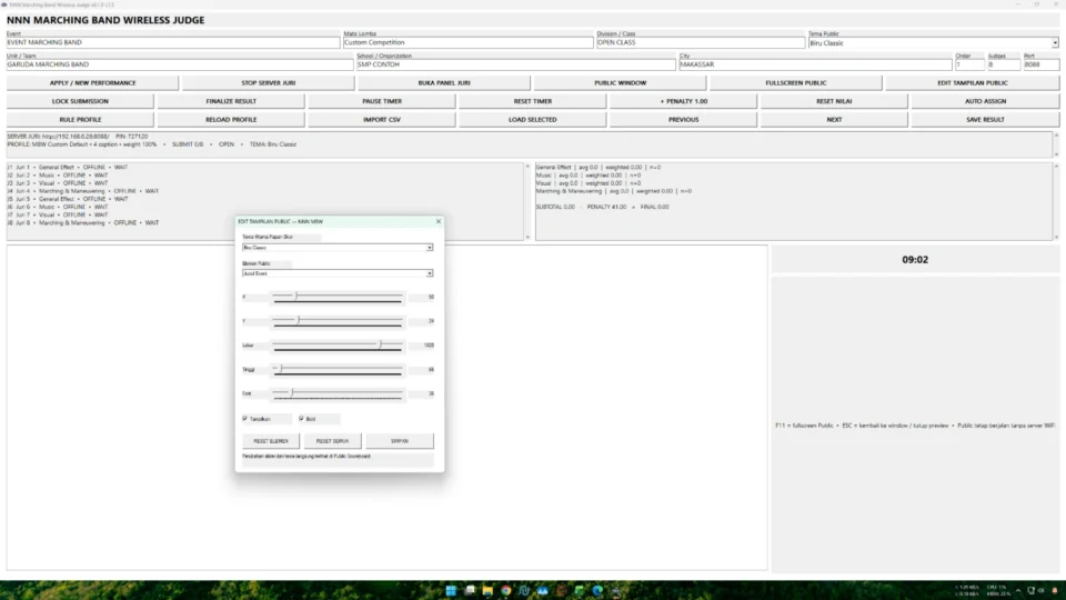 Papan skor digital Marching Band fullscreen dengan hasil final tema dan editor tampilan public