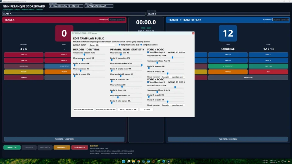 Editor tampilan public scoreboard Petanque dengan slider dan live preview