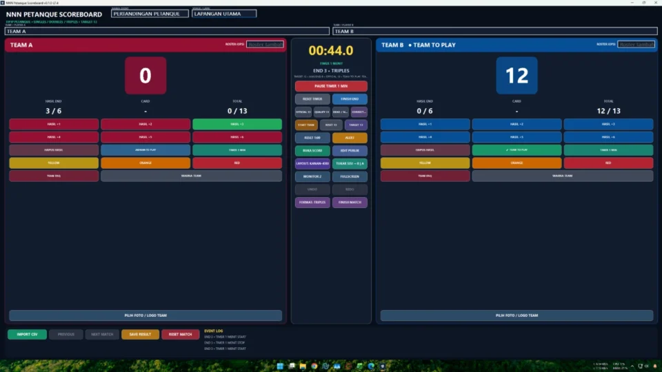 Panel operator papan skor Petanque dengan scoring End Mène dan Finish End