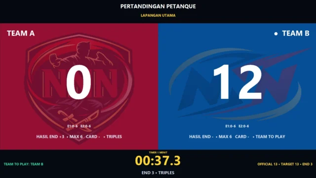 Public scoreboard Petanque fullscreen dengan skor End Team To Play timer dan riwayat