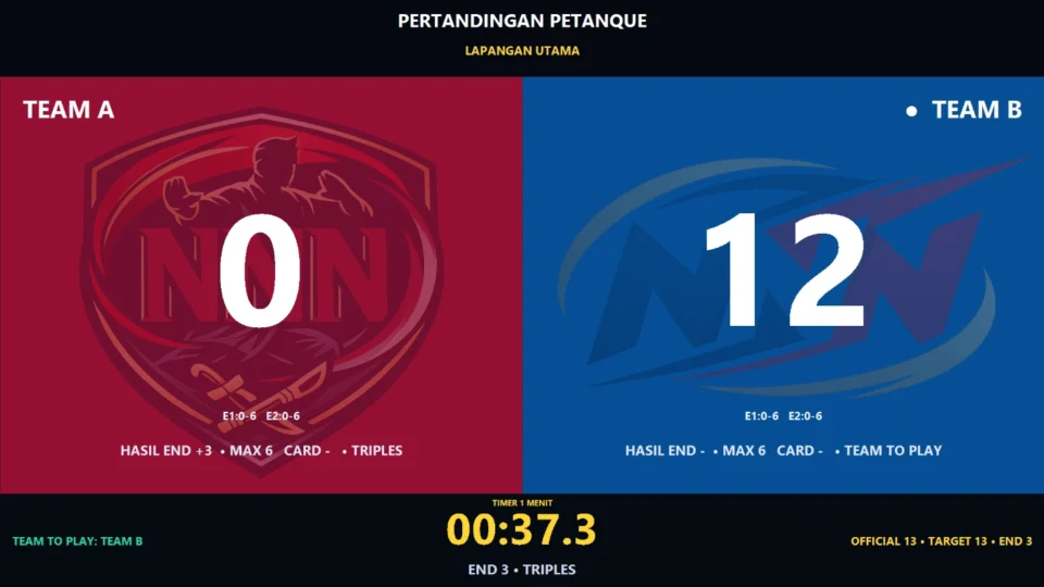 Public scoreboard Petanque fullscreen dengan skor End Team To Play timer dan riwayat