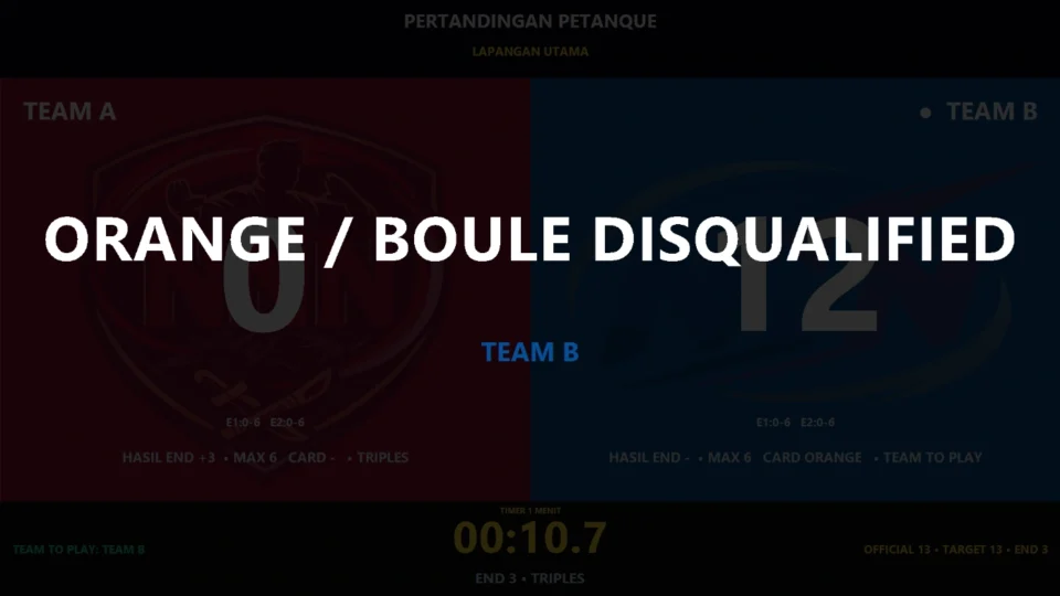 Team To Play timer kartu Correct End dan Dead Null End pada papan skor Petanque