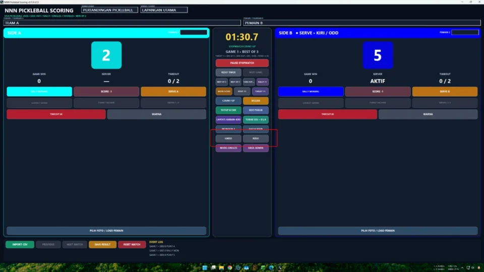 Correct Score Server Receiver serta Undo Redo pada aplikasi papan skor Pickleball