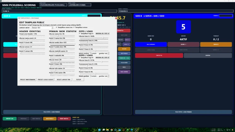 Editor tampilan public scoreboard Pickleball dengan pengaturan layout dan live preview