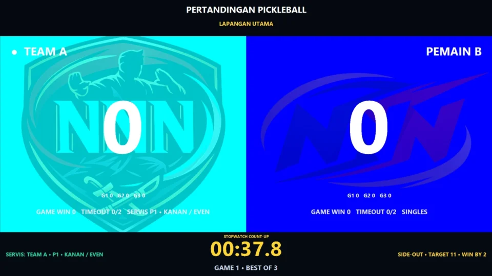 Public scoreboard Pickleball fullscreen dengan skor server game dan serving side