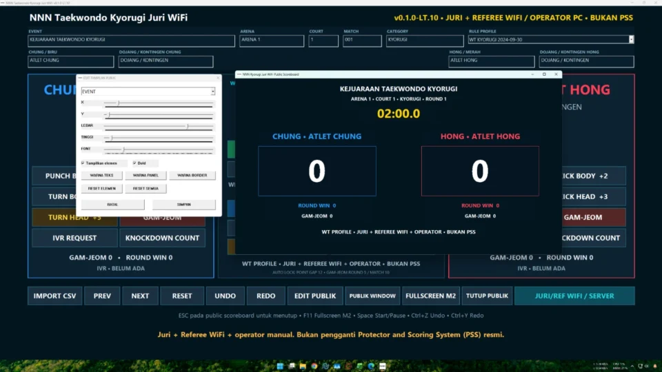 Editor tampilan public scoreboard Taekwondo Kyorugi dengan slider dan live preview