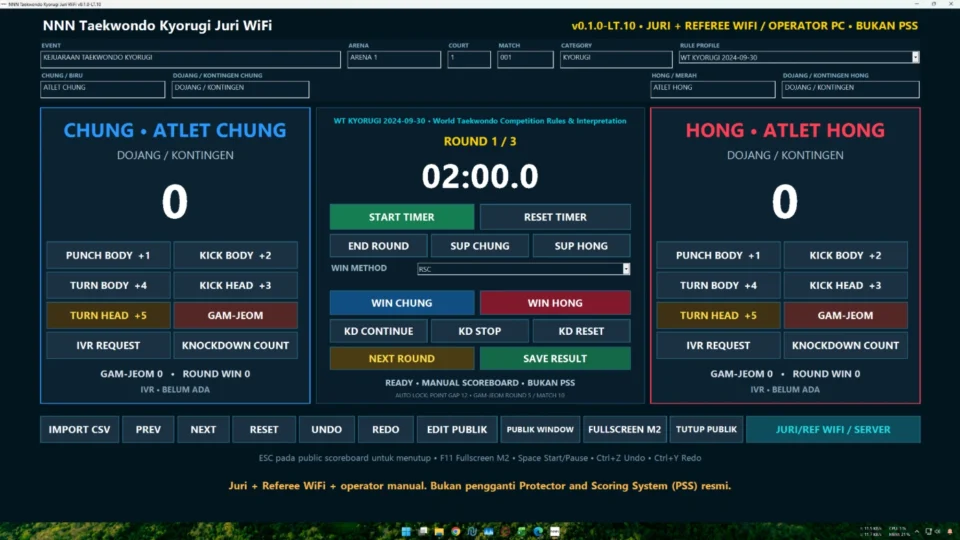 Panel operator papan skor Taekwondo Kyorugi dengan CHUNG HONG scoring timer dan Gam-jeom