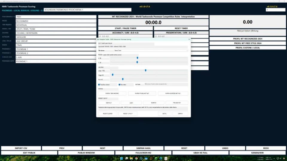 Editor tampilan public scoreboard Taekwondo Poomsae dengan slider dan live preview