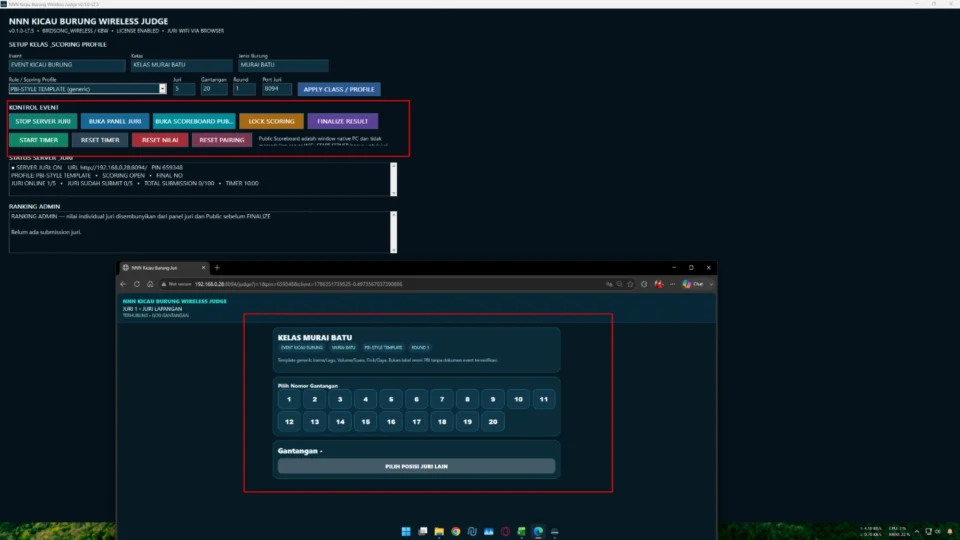 Pairing status juri Lock Unlock Scoring dan monitoring submission pada aplikasi penjurian kicau burung