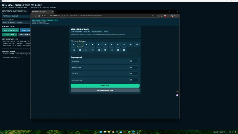 Panel juri kicau burung dengan nomor gantangan dan Scoring Sheet melalui browser HP