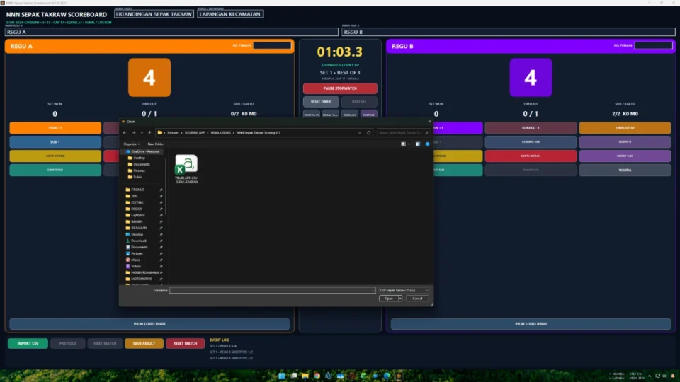 CSV daftar pertandingan penyimpanan hasil dan autosave aplikasi papan skor sepak takraw