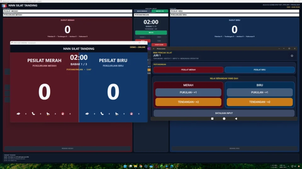 Sistem scoring Pencak Silat dengan tiga juri WiFi dan scoreboard