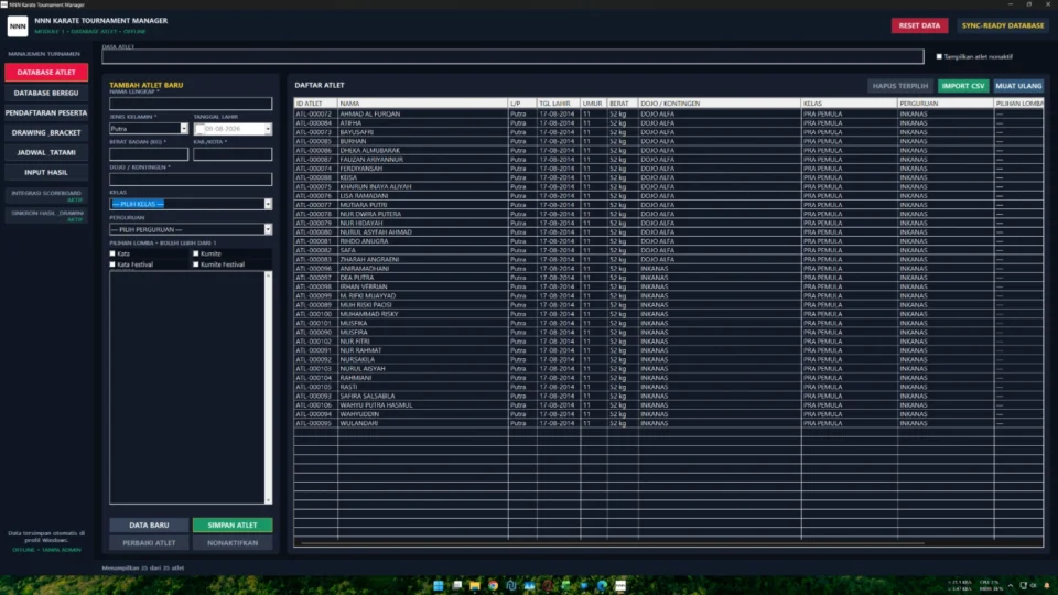 Dashboard aplikasi turnamen karate dengan data peserta dan kategori