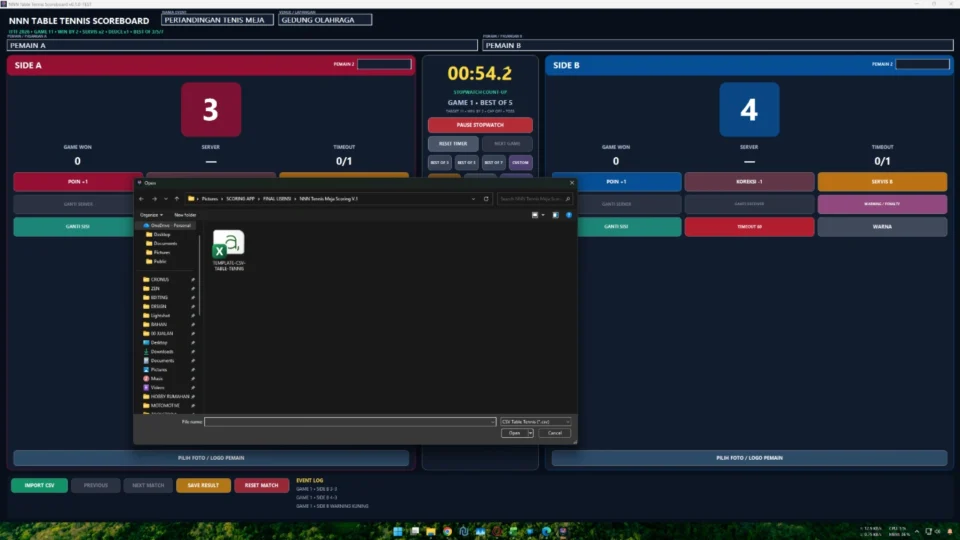 CSV daftar pertandingan penyimpanan hasil dan autosave aplikasi tenis meja