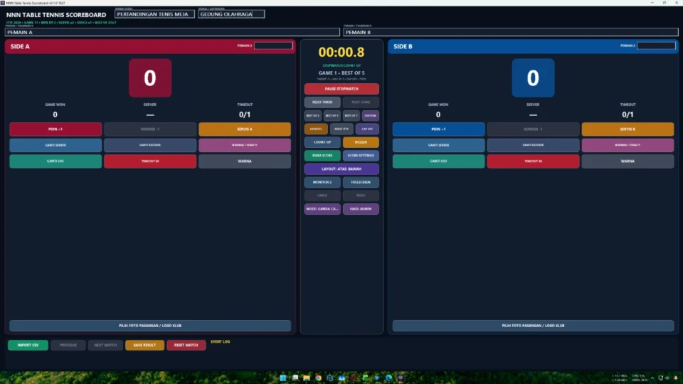 Panel operator aplikasi papan skor digital tenis meja dengan skor game servis dan timeout