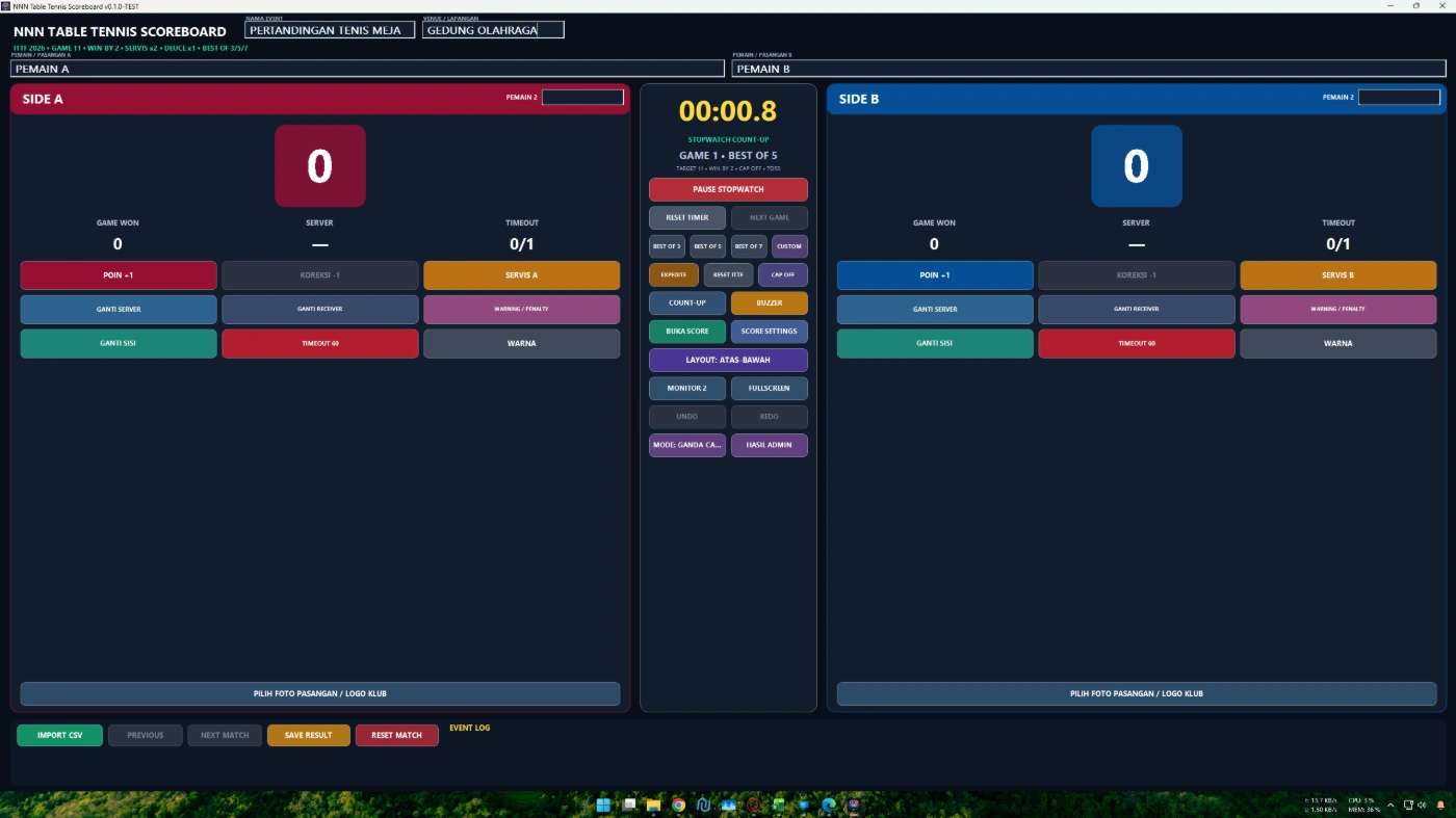 Panel operator aplikasi papan skor digital tenis meja dengan skor game servis dan timeout
