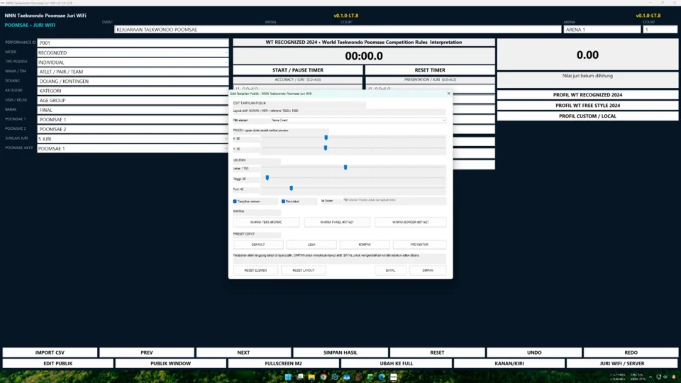 Editor tampilan public scoreboard Taekwondo Poomsae Juri WiFi dengan slider dan live preview