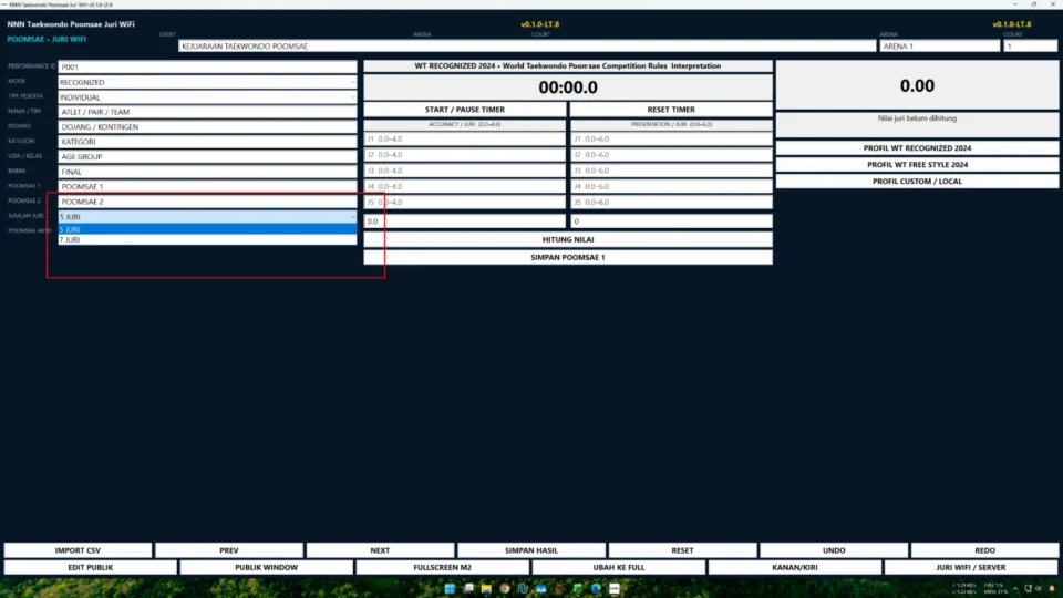 Sistem lengkap Taekwondo Poomsae Juri WiFi dengan panel juri dan public scoreboard