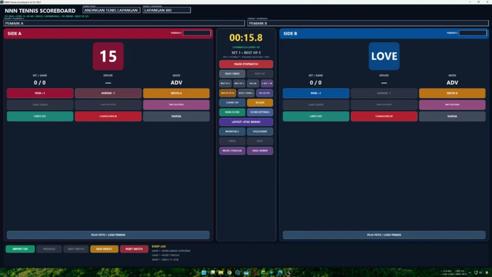 Panel operator aplikasi papan skor digital tenis dengan poin game set server dan tie-break