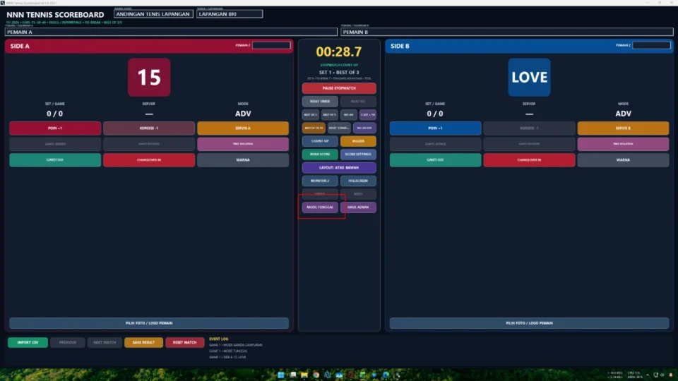 Mode tunggal dan ganda dengan server dan changeover pada aplikasi tenis