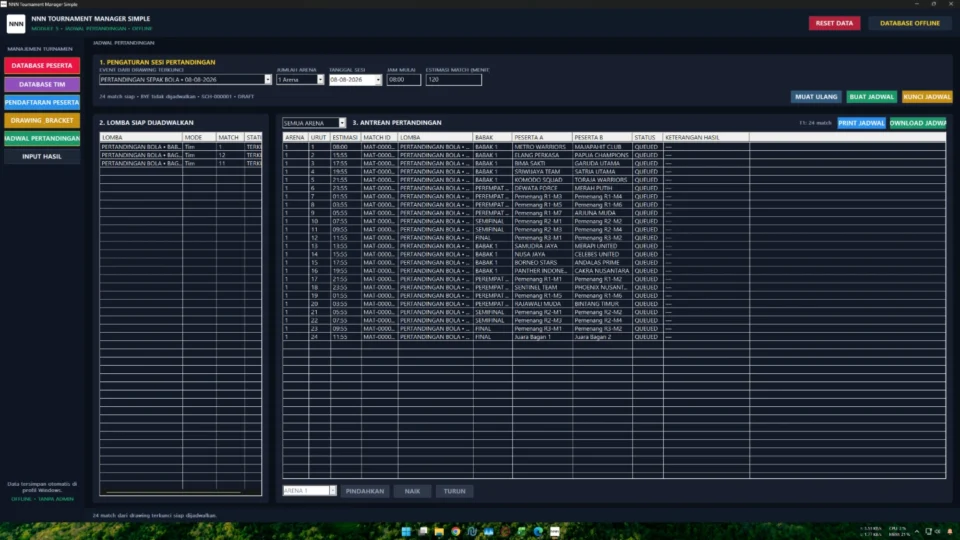 Jadwal multi arena dan estimasi durasi pertandingan pada Tournament Manager Simple