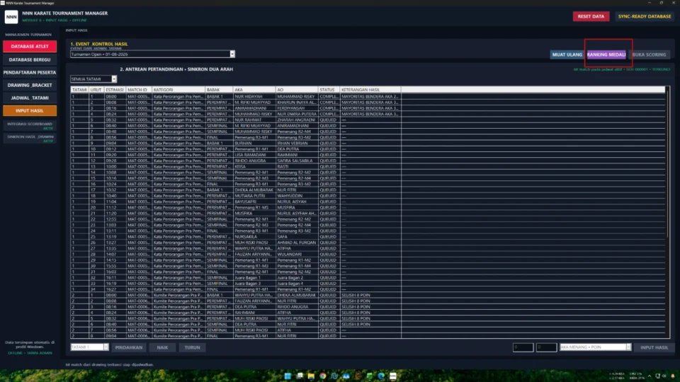 Hasil event dan ranking medali pada Tournament Manager Suite