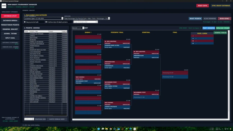 Dashboard bracket dan jadwal pada Tournament Manager Wireless Judge
