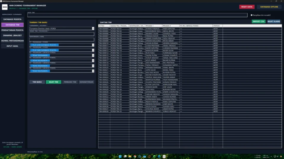 Database tim pasangan Domino dengan roster peserta dan Rule Profile PORDI ORADO terpisah