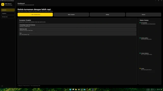 Dashboard aplikasi manajemen turnamen dengan data tim peserta dan roster