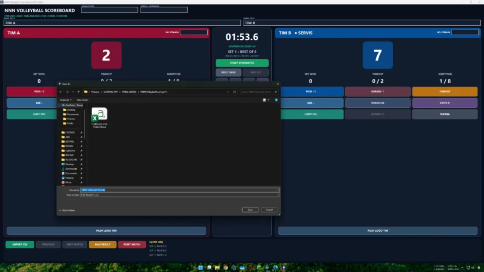 Preset CSV penyimpanan hasil dan autosave aplikasi papan skor bola voli